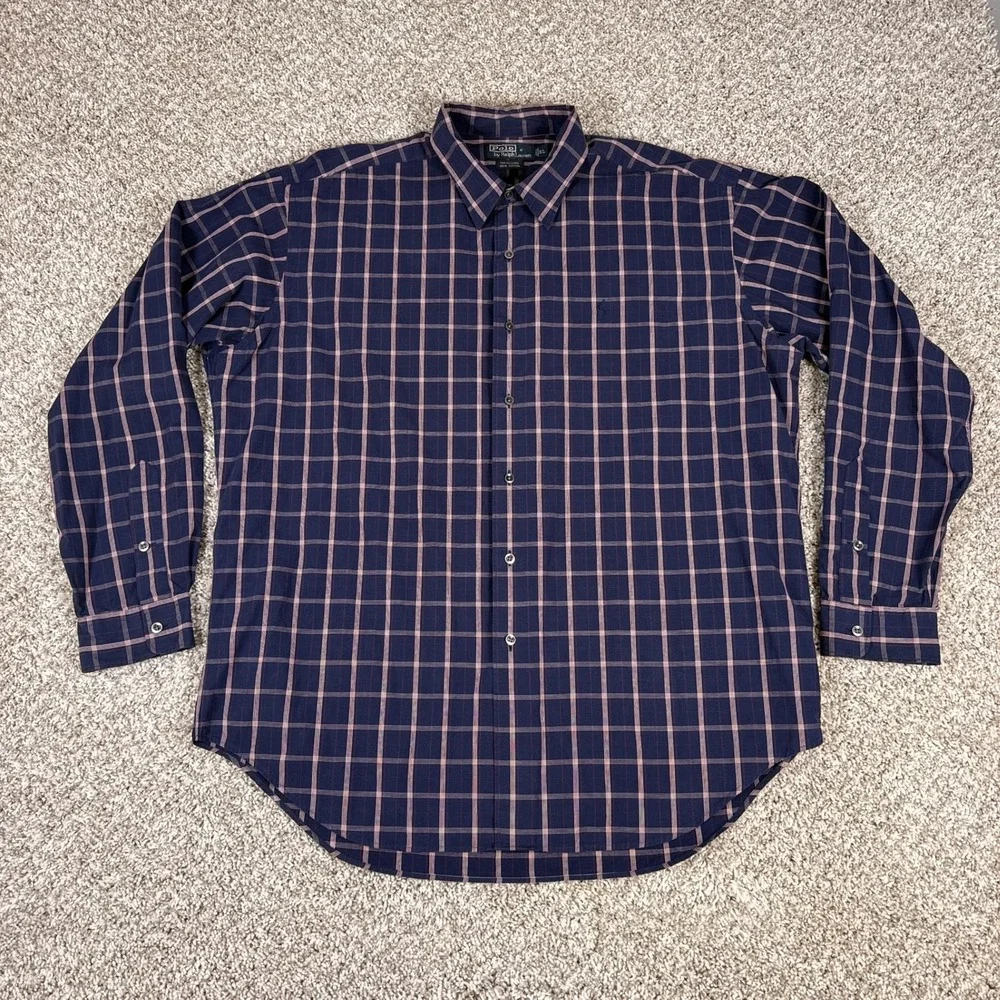 Polo Ralph Lauren Shirt Mens XL Navy Plaid Marlowe 100% Cotton Button Up Classic